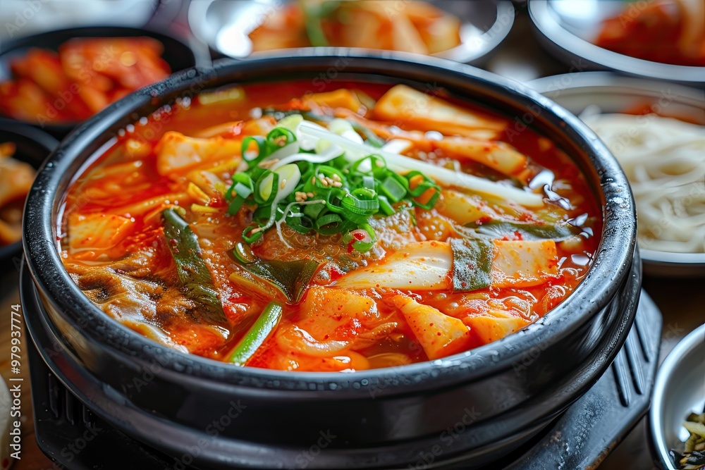 Korean kimchi stew with meat ham and spam in a bowl Korean kimchi stew with meat ham and spam in a bowl