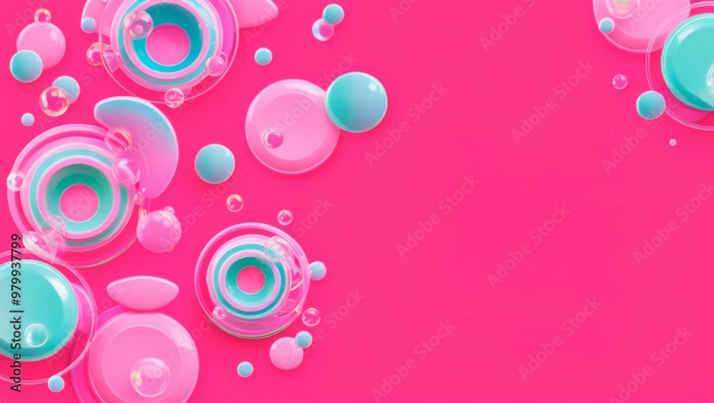 An abstract composition with colorful circular shapes on a vivid pink background An abstract composition with colorful circular shapes on a vivid pink background