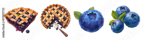 Blueberry pie slices and whole blueberries. Illustration isolated on transparent background. Dessert and organic produce concept. Clipart for cookbook, menu, and food advertising.