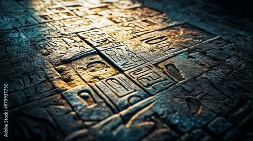 The ancient hieroglyphics on this weathered stone slab reveal complex symbols that narrate Egypt's storied past and cultural heritage, drawing viewers into its mysterious history photo