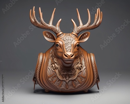 The deer head is beautifully detailed on an intricate brown leather bag.