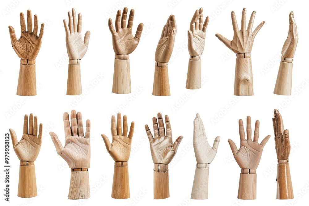 Mannequins wooden hands displaying various gestures on a white backdrop Banner design Mannequins wooden hands displaying various gestures on a white backdrop Banner design