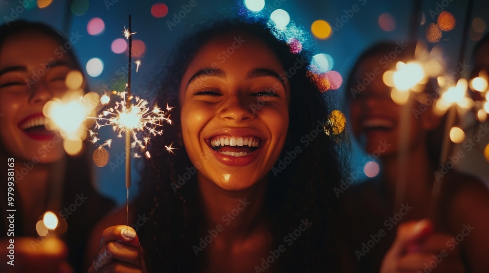 A group of friends joyfully celebrates New Years Eve, holding sparklers and laughing together amid a backdrop of colorful lights and vibrant cheers A group of friends joyfully celebrates New Years Eve, holding sparklers and laughing together amid a backdrop of colorful lights and vibrant cheers