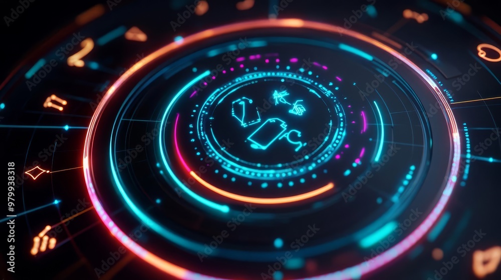 AI zodiac guide, holographic signs, futuristic aura reading, neon-infused tech design AI zodiac guide, holographic signs, futuristic aura reading, neon-infused tech design