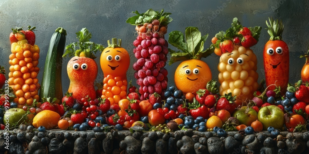 Lively fruit and vegetable characters strolling through city parks and enjoying the sights Lively fruit and vegetable characters strolling through city parks and enjoying the sights