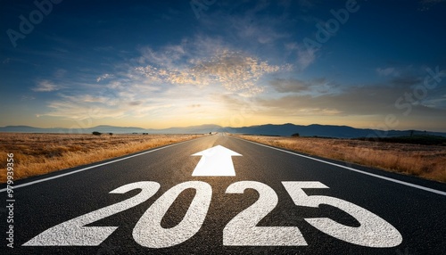 Road with 2025 and an arrow pointing to the horizon, symbolizing the future.