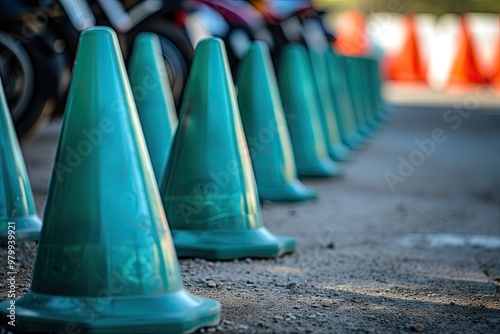 Motorcycle training facility with traffic cones for biker students photo