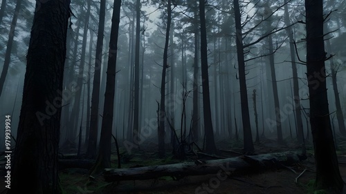 Dark eerie forest at night, enveloped in fog, with towering trees and a frightening atmosphere