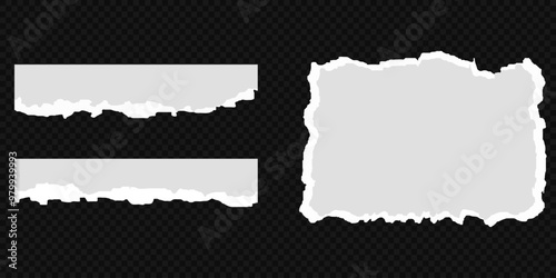 White realistic torn or ripped paper strip collection with grunge edges. Torn notebook page or scrap note with damaged border. Sticky newspaper clip art with paint brush stroke texture. Ripped banner.