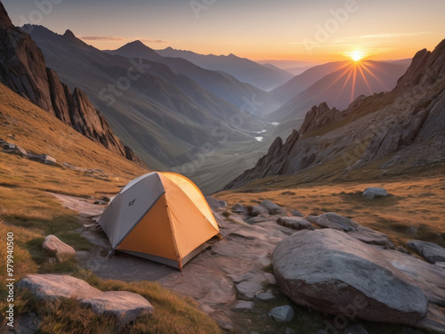 A rugged camping site in the mountains, with a small tent perched and shiny sunrise, overlooking a breathtaking valley at dawn photo