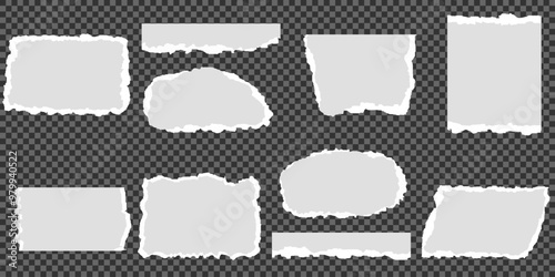 White realistic torn or ripped paper strip collection with grunge edges. Torn notebook page or scrap note with damaged border. Sticky newspaper clip art with paint brush stroke texture. Ripped banner.