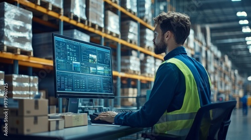 A logistics manager is focused on his tasks at a workstation, reviewing data on a computer screen while surrounded by stacked inventory in a busy warehouse