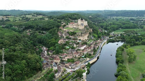 Beynac-et-Cazenac, touristic village in France, aerial shot photo