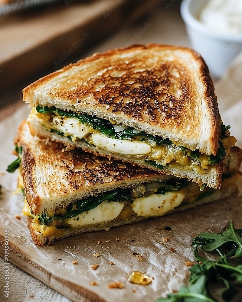 Crispy grilled cheese sandwich with fresh greens and herbs Crispy grilled cheese sandwich with fresh greens and herbs