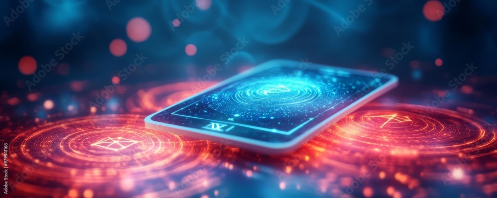 Obraz premium Digital tarot reader, hologram zodiac signs, celestial data visualization, futuristic occult theme
