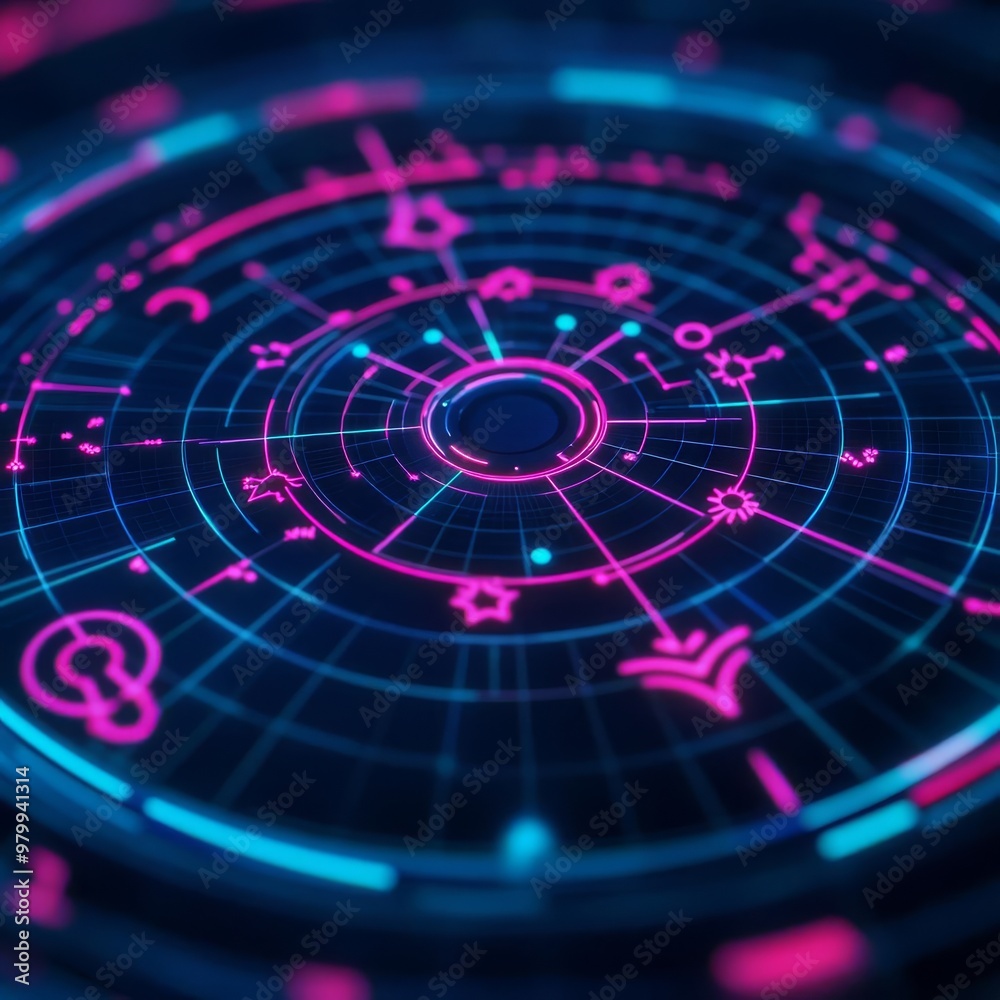 Futuristic horoscope app, holographic zodiac, neon data visualization Futuristic horoscope app, holographic zodiac, neon data visualization