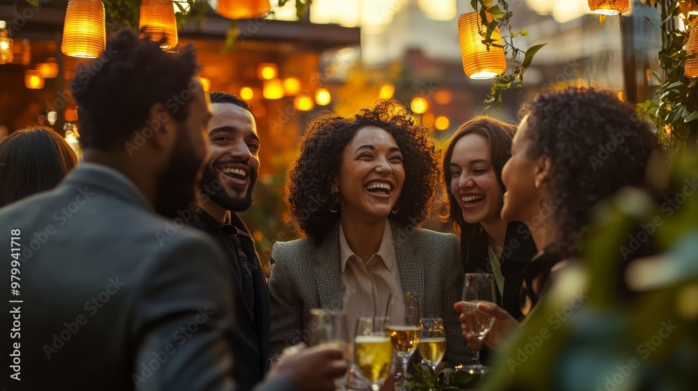 A group of colleagues raises their glasses in a toast, sharing laughter and joy at an outdoor terrace bar during a vibrant sunset gathering A group of colleagues raises their glasses in a toast, sharing laughter and joy at an outdoor terrace bar during a vibrant sunset gathering