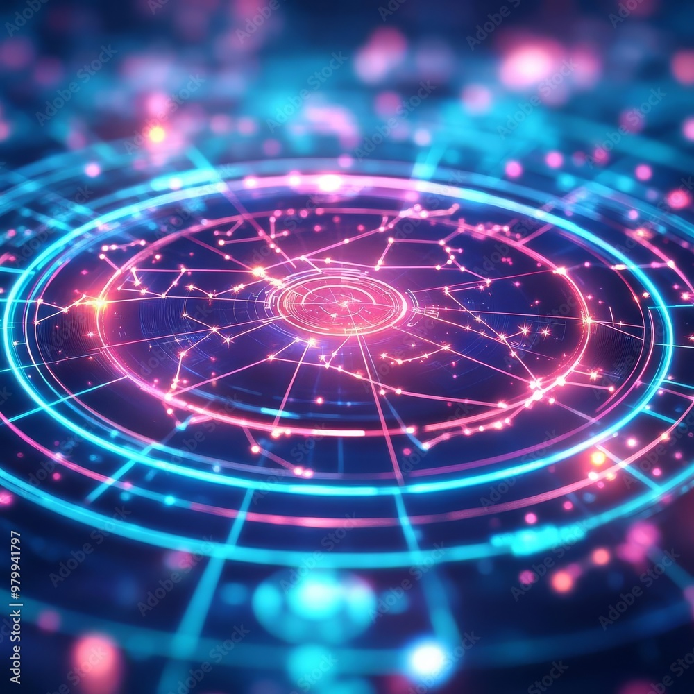 Hologram birth chart, futuristic star map, glowing celestial symbols