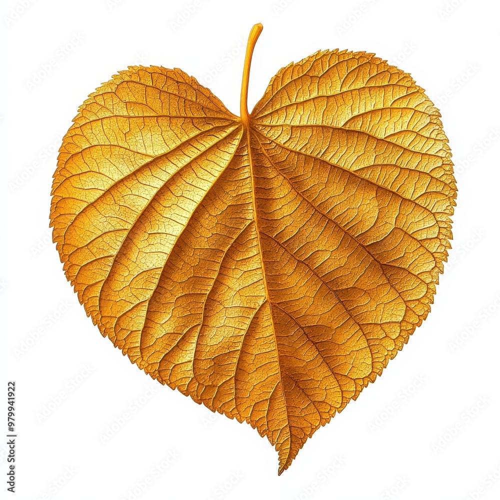 Obraz premium A vibrant golden heart-shaped leaf showcasing intricate details and textures, perfect for autumn-themed designs and natural backgrounds.