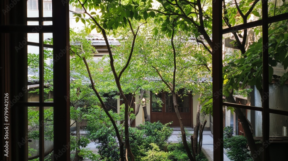 Scenic Verdant Garden View Through Window Frame Scenic Verdant Garden View Through Window Frame