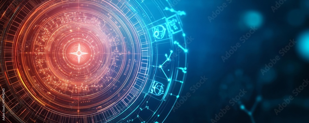 Obraz premium Holographic sky, futuristic zodiac alignment, glowing signs