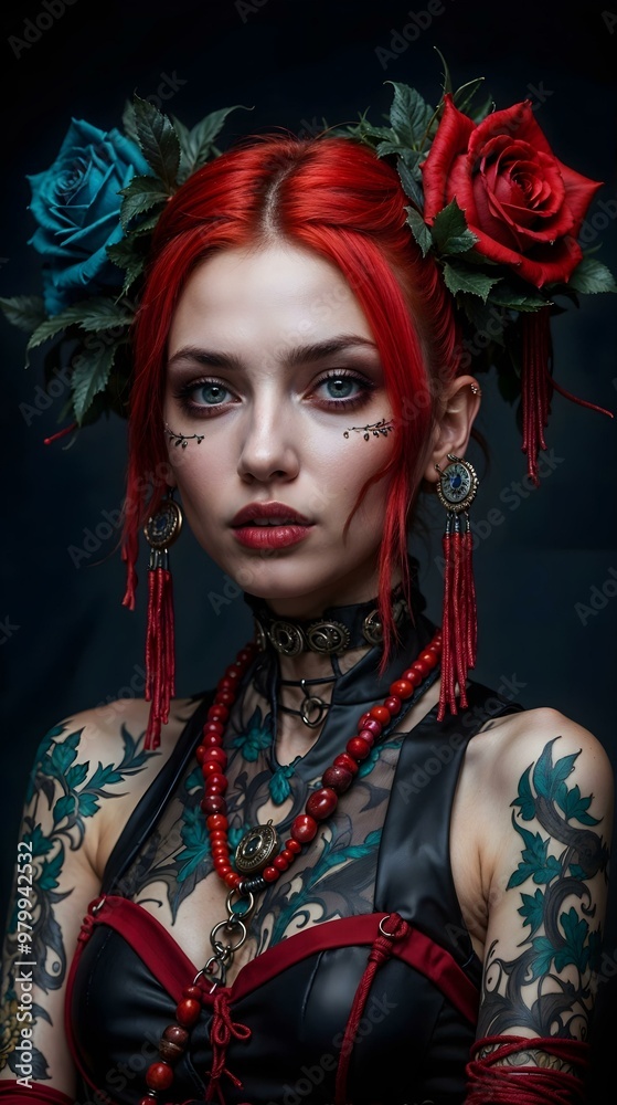 Fototapeta premium Woman's portrait with red hair and flowers on her head..
