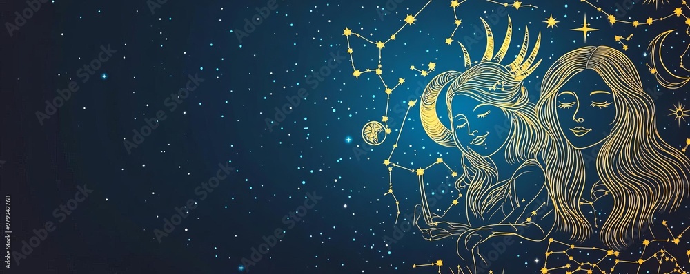 Modern line art of zodiac signs against a starry background, clean and minimalist aesthetics Modern line art of zodiac signs against a starry background, clean and minimalist aesthetics