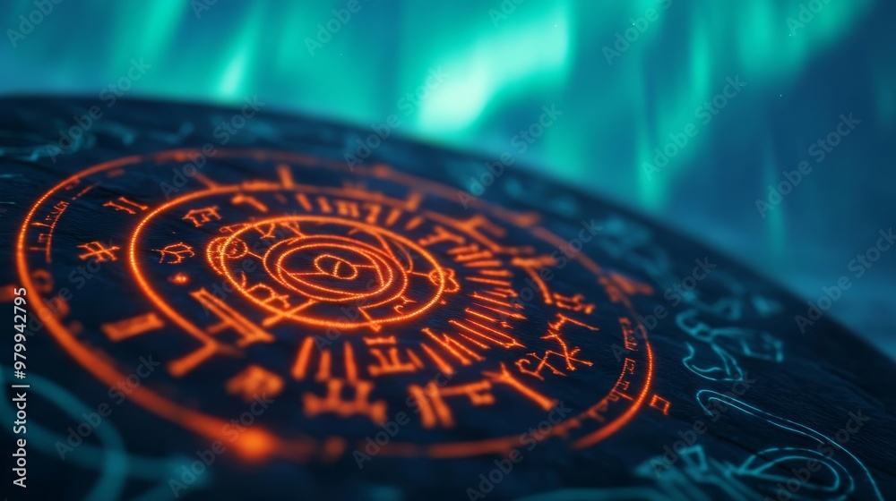 Mystical fusion of zodiac signs with ancient rune symbols, glowing under an aurora borealis Mystical fusion of zodiac signs with ancient rune symbols, glowing under an aurora borealis