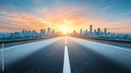 Asphalt highway road and city skyline with modern buildings at sunset. car background. generative ai