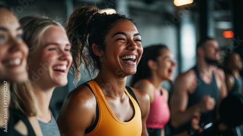 A lively group of individuals shares joyful moments in a gym, wearing colorful workout clothes and laughing together while exercising, creating a vibrant atmosphere of fitness and friendship