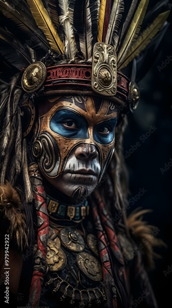 A warrior with painted face wearing a crown with feathers.. A warrior with painted face wearing a crown with feathers..