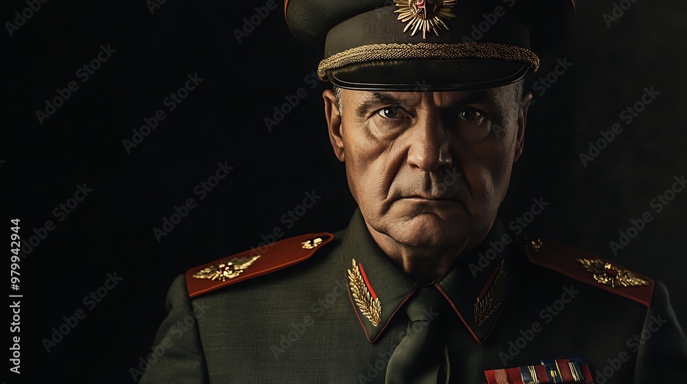 A stern-looking man in military uniform stares directly at the viewer. His face is lined with age, and his expression is serious. A stern-looking man in military uniform stares directly at the viewer. His face is lined with age, and his expression is serious.