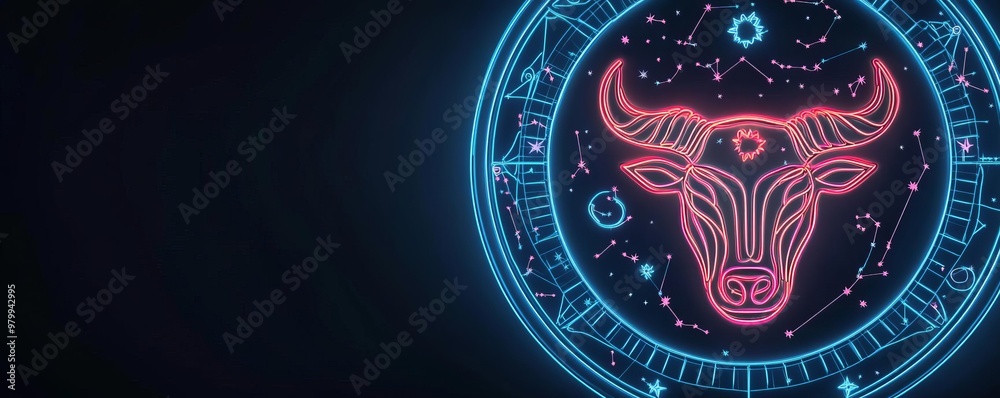 Fototapeta premium Neon zodiac signs, virtual constellation map, dark background