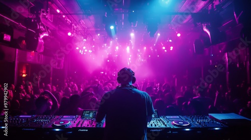 A DJ skillfully mixes tracks at a crowded electronic dance music event, surrounded by colorful lights and an energetic audience dancing and enjoying the music photo