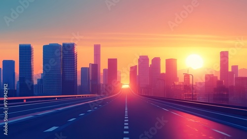 Asphalt highway road and city skyline with modern buildings at sunset. car background. generative ai