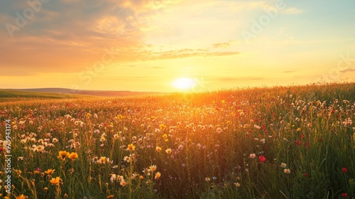 A vast field of colorful wildflowers stretches towards the horizon as the sun sets, casting a warm golden glow across the landscape. Nature showcases its beauty in full bloom