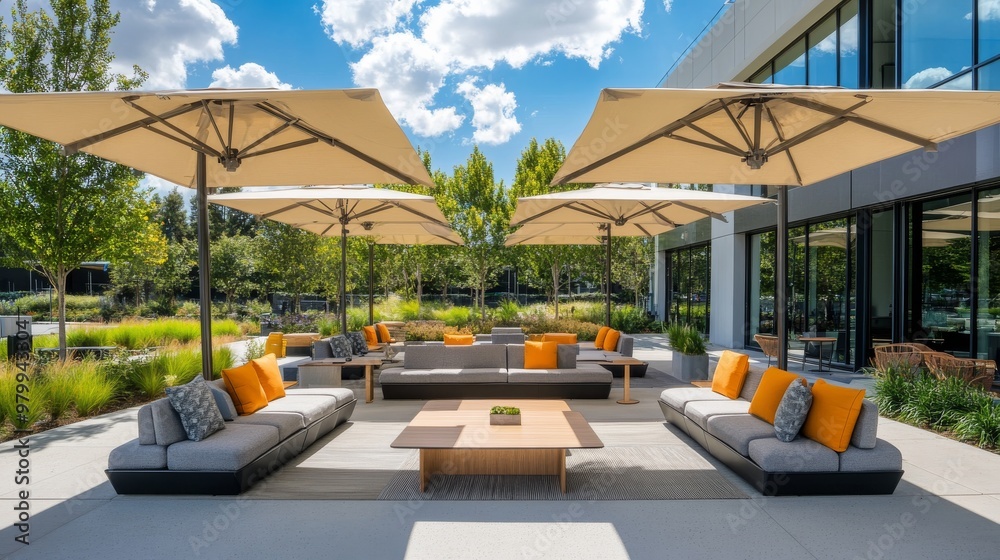 © Elmira - This outdoor meeting space features contemporary couches and tables, complemented by large umbrellas, creating a relaxing atmosphere for gatherings