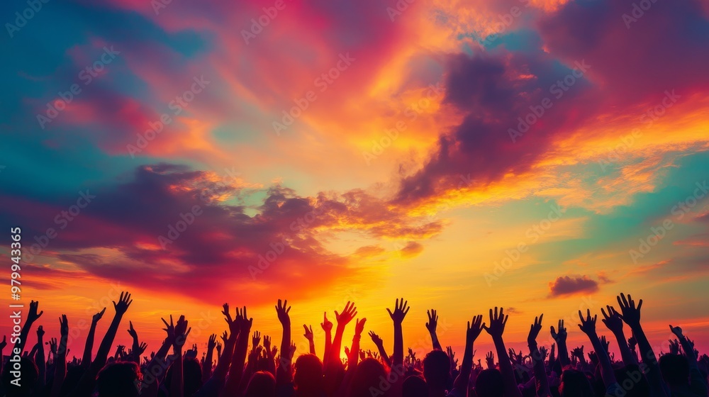A lively crowd at a music festival celebrates as the sun sets, silhouetting their raised hands against a stunning, colorful sky. The atmosphere is filled with energy and excitement A lively crowd at a music festival celebrates as the sun sets, silhouetting their raised hands against a stunning, colorful sky. The atmosphere is filled with energy and excitement