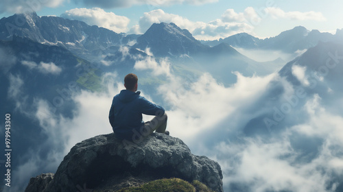 Wallpaper Mural Man sitting alone on a mountain peak His face is partially shadowed, showing deep reflection, surrounded by vast landscapes of mountains and clouds, a mix of solitude and hope in the atmosphere Torontodigital.ca