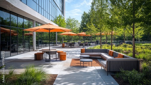 This outdoor office area features modern couches, tables, and vibrant umbrellas, providing a comfortable atmosphere for work and relaxation amid greenery