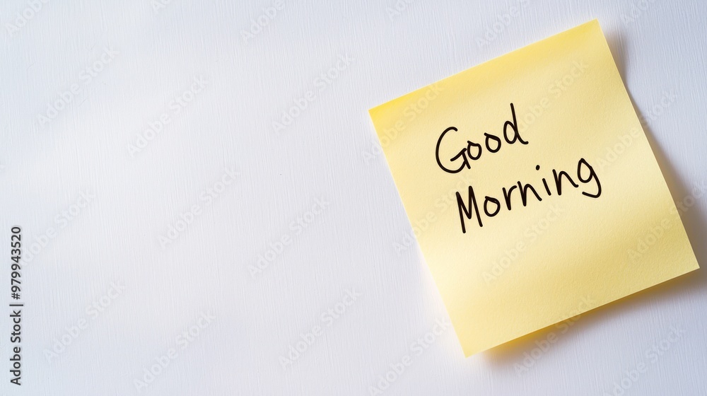 A bright yellow sticky note with the message good morning is emphasized on a plain white surface A bright yellow sticky note with the message good morning is emphasized on a plain white surface
