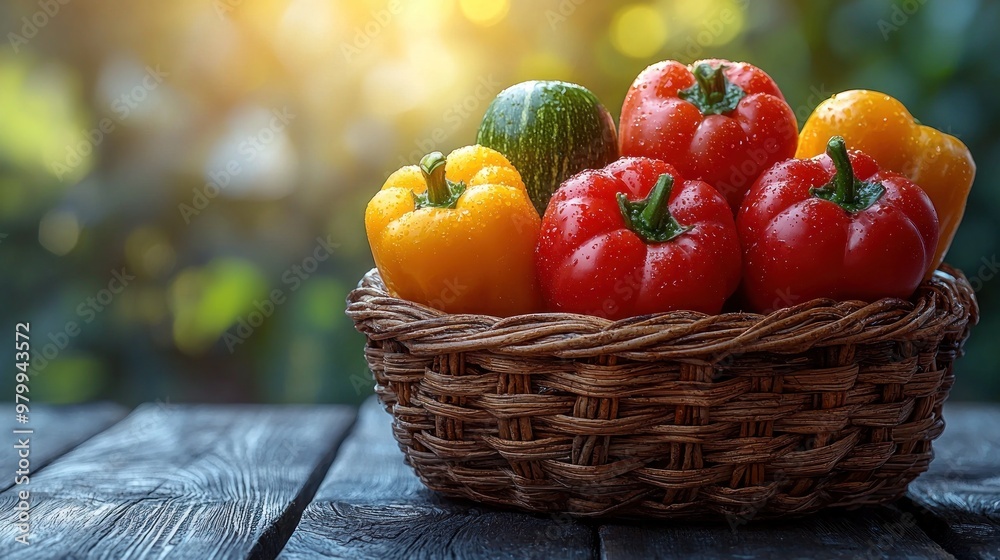 Colorful bell peppers in a basket on a rustic table, illuminated by golden sunlight in a serene garden setting Colorful bell peppers in a basket on a rustic table, illuminated by golden sunlight in a serene garden setting