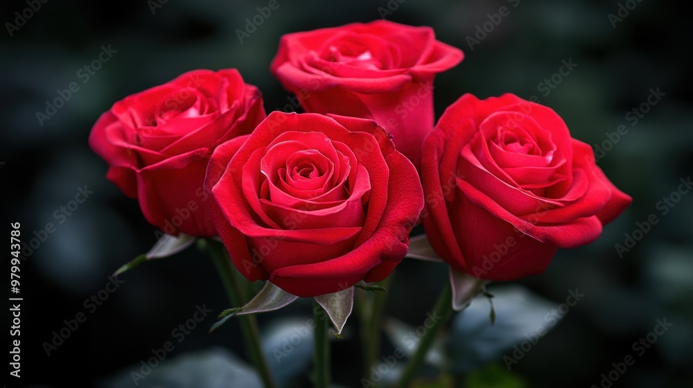 Four beautiful red roses bloom beautifully against a backdrop of rich green leaves Four beautiful red roses bloom beautifully against a backdrop of rich green leaves