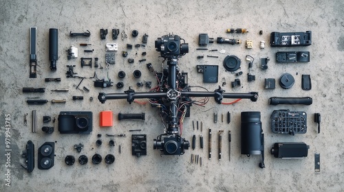 A layout featuring various drone parts meticulously organized on a textured concrete floor, showcasing the intricacies of the equipment and its components photo
