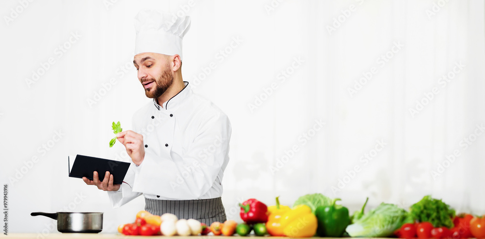 Learning To Cook. Chef Man Reading Culinary Recipe Book Working In Kitchen Indoor. Learning To Cook. Chef Man Reading Culinary Recipe Book Working In Kitchen Indoor.