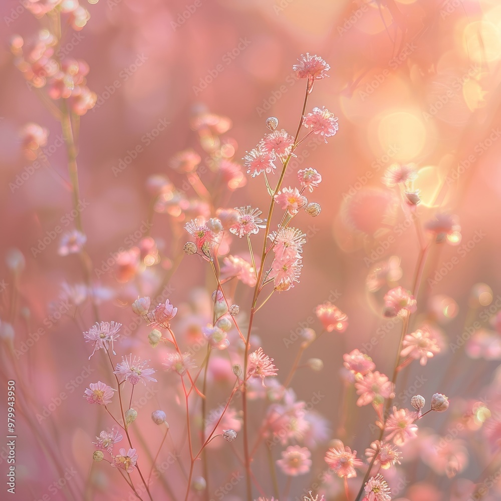 Delicate gypsophila flowers beautifully framed by a stunning, vibrant sunrise sky at dawn Delicate gypsophila flowers beautifully framed by a stunning, vibrant sunrise sky at dawn