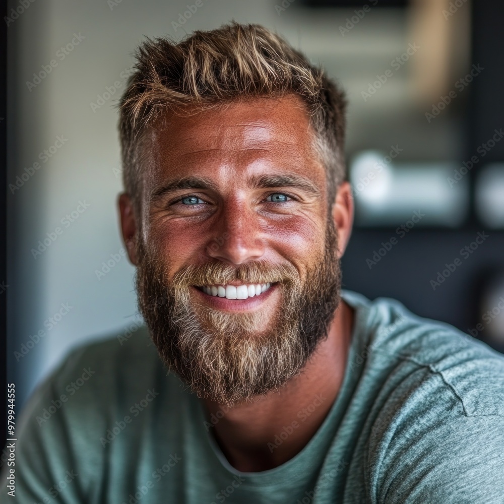 A cheerful, bearded man smiles warmly while posing in a stylish indoor area filled with natural light A cheerful, bearded man smiles warmly while posing in a stylish indoor area filled with natural light