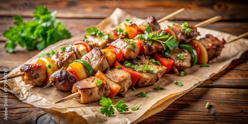 Grilled Pork and Vegetable Skewers on Rustic Wood, Food Photography, Grilling, Barbecue, Skewers