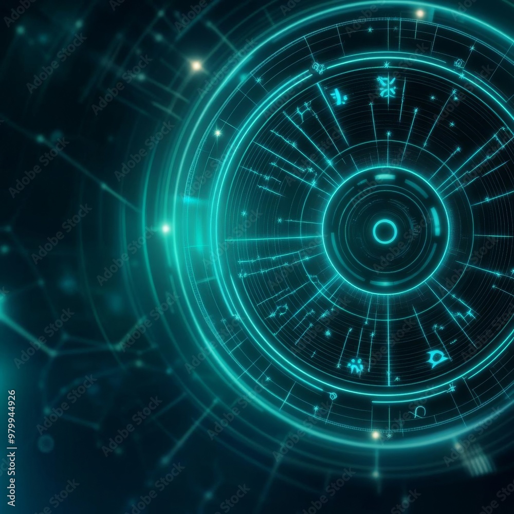 Zodiac alignment depicted on a digital screen, futuristic and glowing