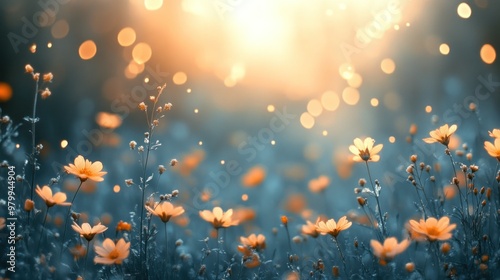 Wildflowers stretch towards the sunlight, creating a vibrant scene of colors and twinkling bokeh in the meadow